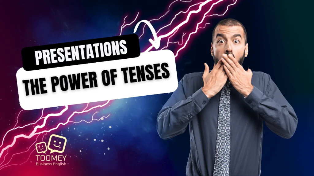 Man holding hands in shock at the power of tenses in presentations.