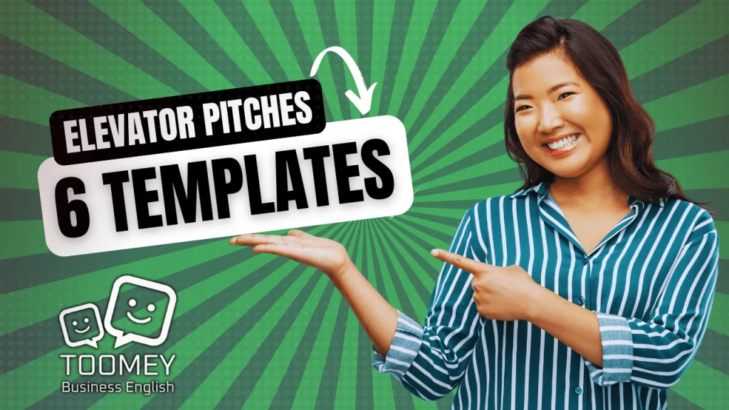 Presenter pointing and smiling to the 6 Elevator Pitch Templates | Toomey Business English